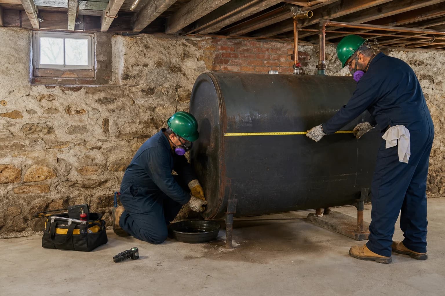 Technicians preparing a heating oil tank for removal in a Rhode Island basement