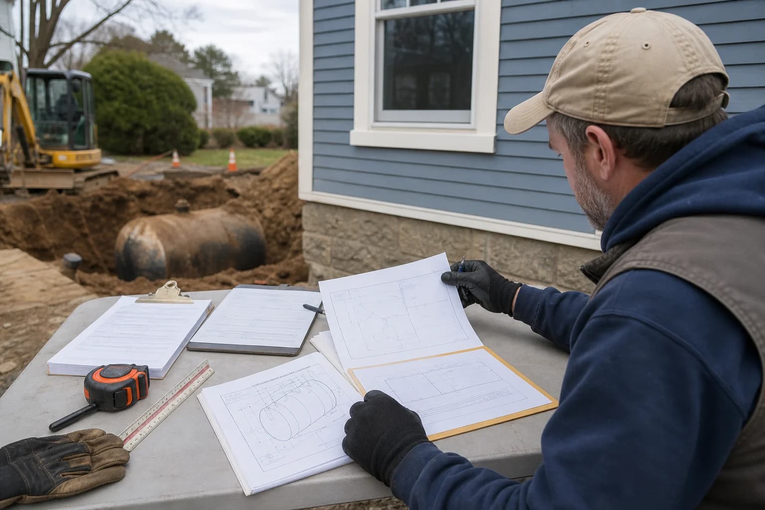 A contractor reviewing tank closure paperwork at a Rhode Island job site