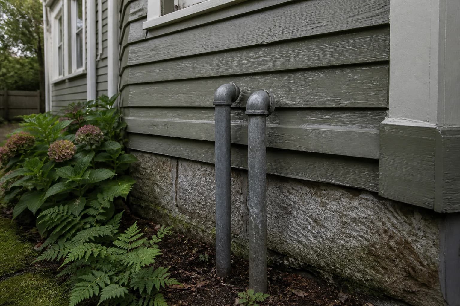 Heating oil fill and vent pipes beside a Rhode Island clapboard home