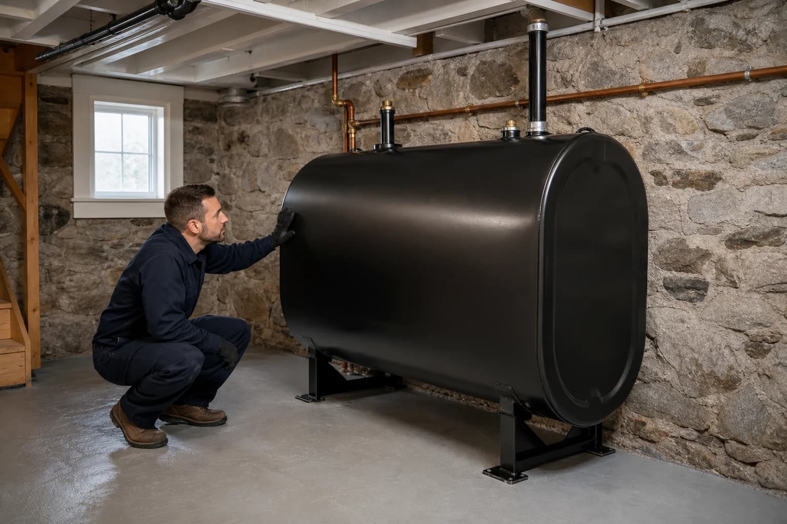 A newly installed residential heating oil tank in a Rhode Island basement
