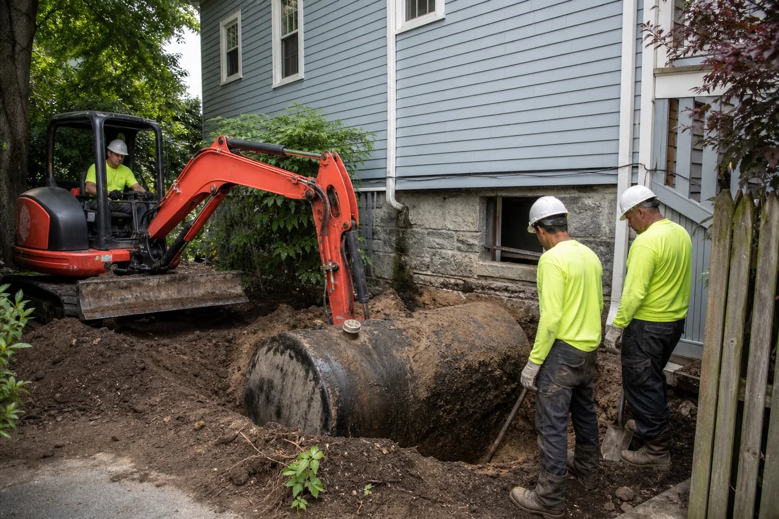 A residential heating oil tank removal beside a Providence clapboard home