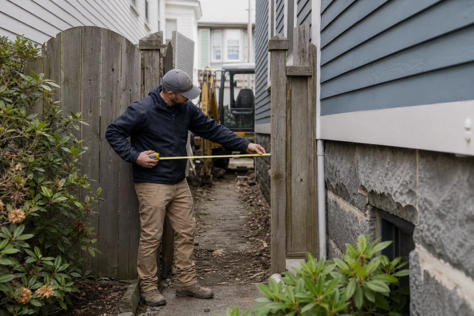 A contractor measuring narrow machine access beside a Providence home